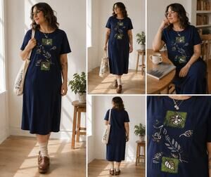 Studio Genuine Vintage Navy Patchwork Floral Midi Dress Womens Large USA Artwear